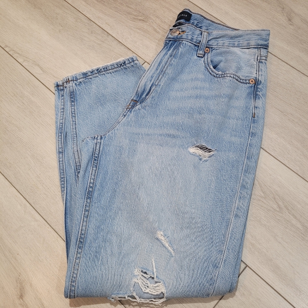 Aeropostale Women's Cotton Wide Leg High Rise Distressed Mom Denim Jeans 8 Blue